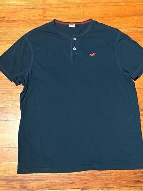 Hollister Navy Short-Sleeve Henley with Red Logo